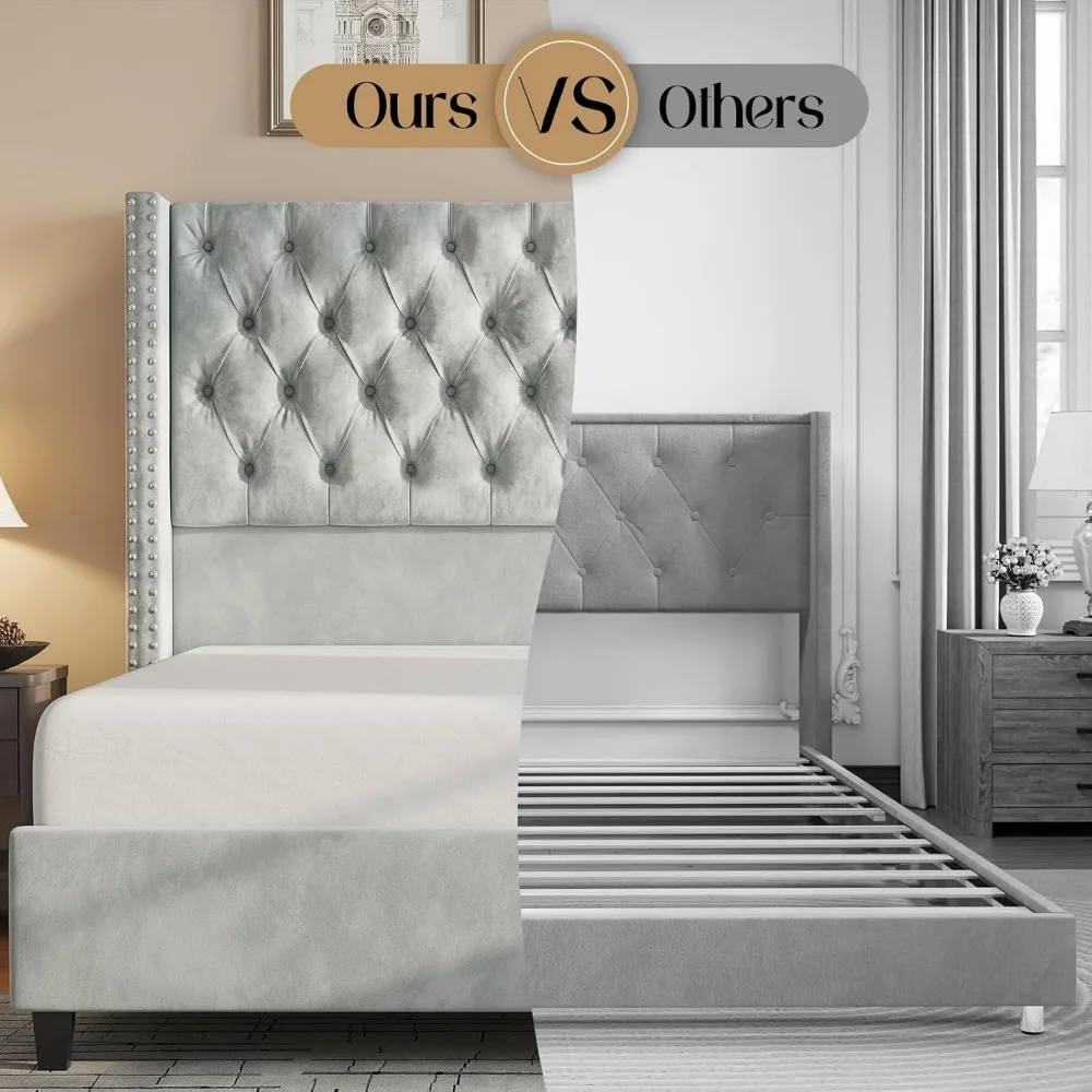 Queen Bed Frame, Velvet Upholstered Platform Bed with 51.6" Tall Wingback Headboard, No Box Spring Needed, Bed Frame