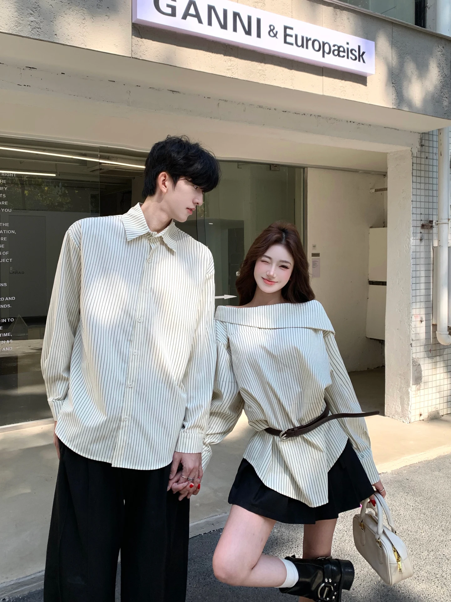 Casual Striped Long Sleeve Loose Shoulder Design Couple's Shirt Trendy Design Spring Autumn Wear for Men And Women