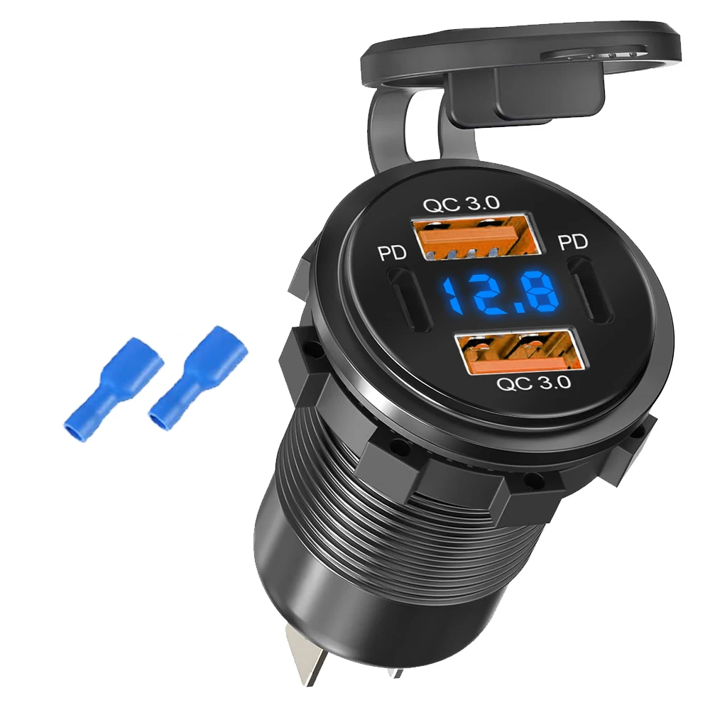 96W 4-Ports USB Car Charger Dual QC 3.0 PD Fast Charger Socket Power Outlet Adapter with LED Voltmeter for Car Boat Motorcycle