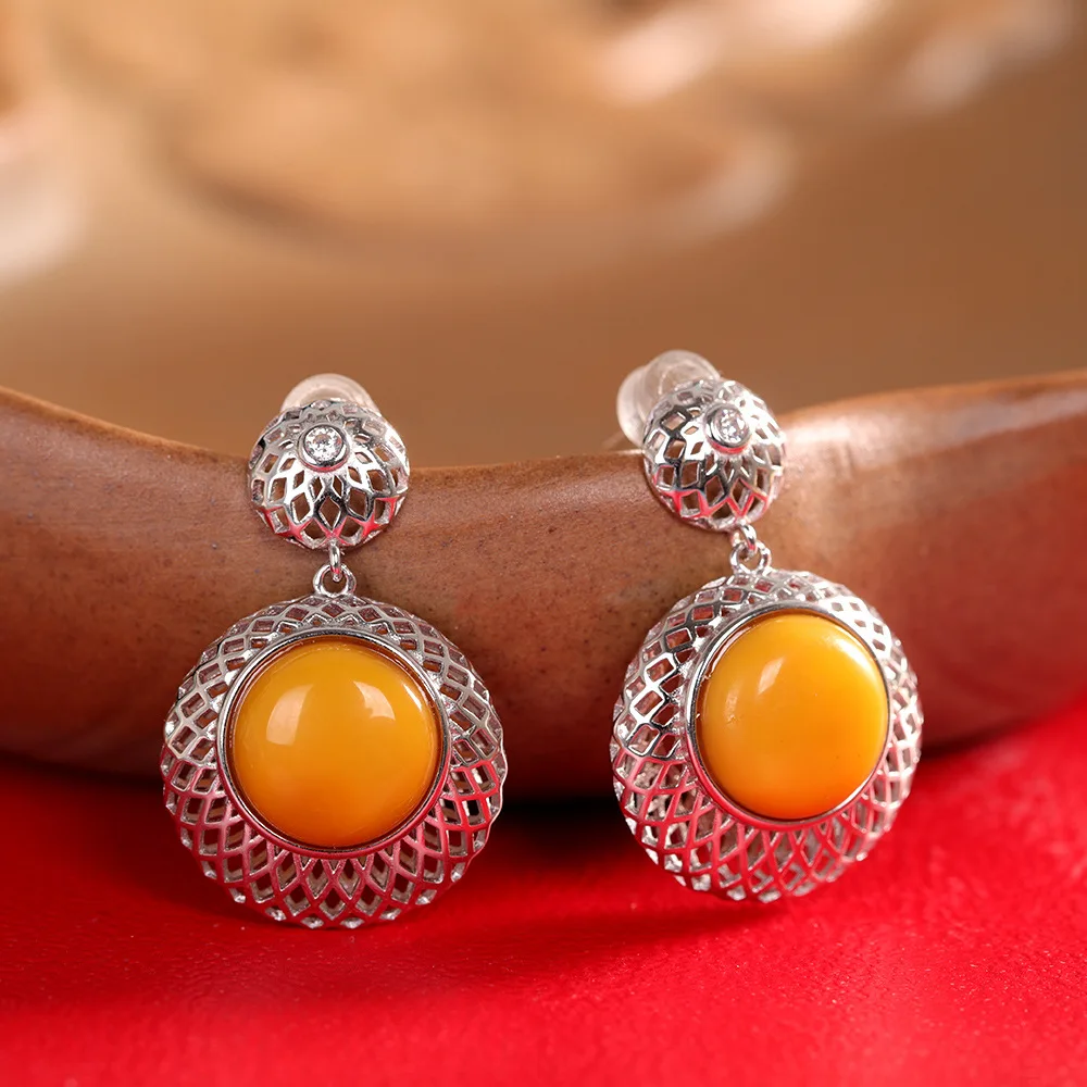 

Полые дизайнерские серьги-гнижки для женщин, серьги-гвоздики из натурального желтого янтаря с пчелиным воском, глянцевые серьги-гвоздики из стерлингового серебра 925, модные Brincos