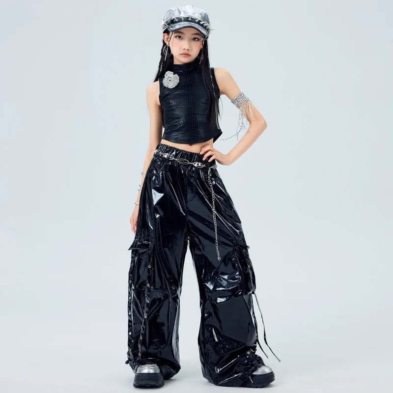 Black Jazz Dance Outfit Trendy Suit For Girls Kpop Stage Costume Summer Vest Hip Hop Trousers Children Street Dance Clothes 2068