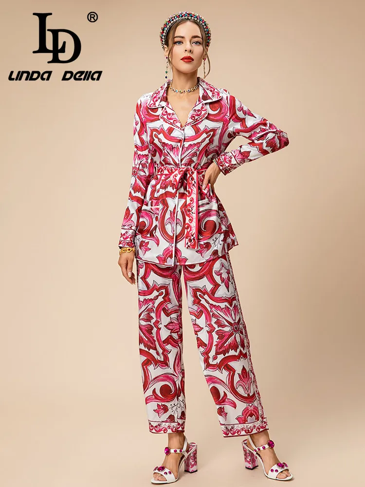 LD LINDA DELLA Autumn and Winter Set Women Red and White porcelain Print Belt Single-breasted Top+Straight Trouser 2 Pieces Set