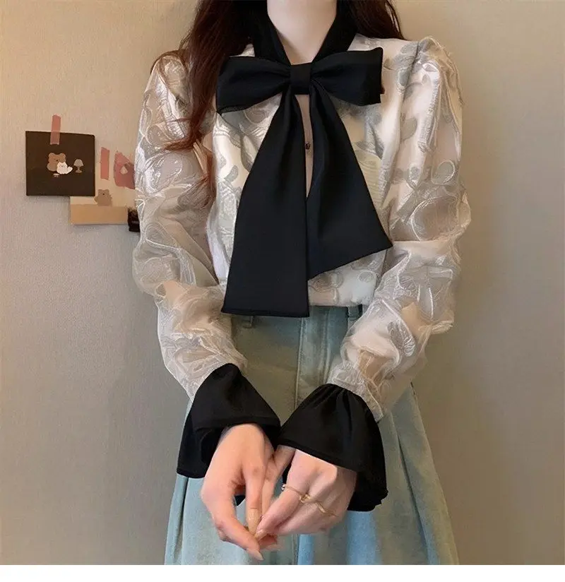 New Women Spliced bow Button Print Fashionable Loose and Versatile Casual Long-sleeved Blouses Shirts