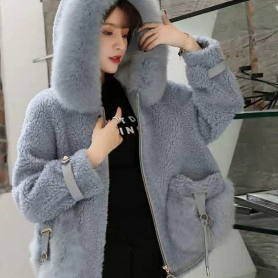 Hot selling fashion new loose women's short fox fur collar hooded one-piece winter jacket sheep shear fur coat