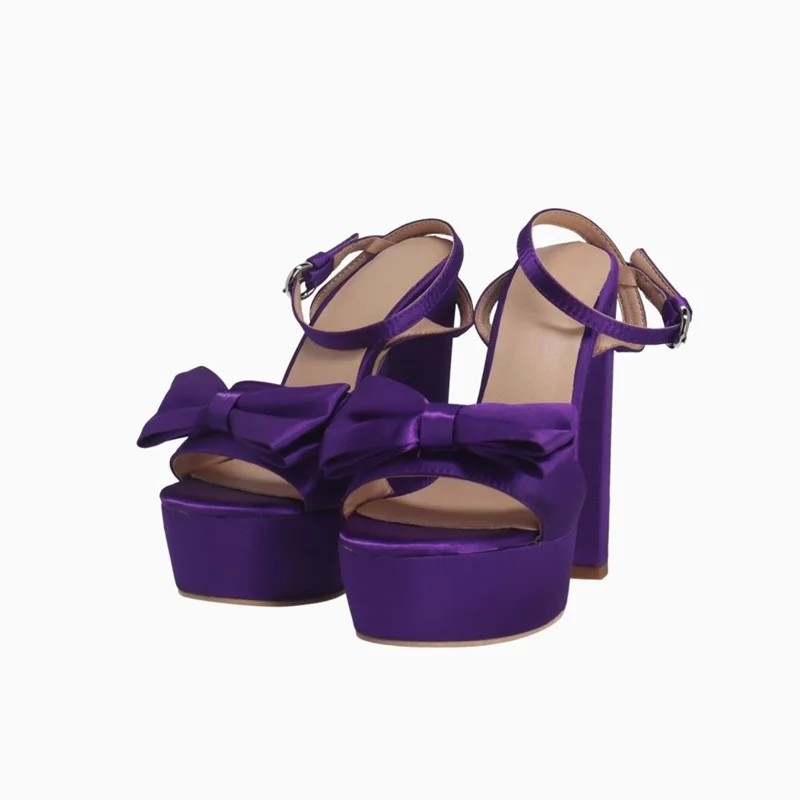 

Purple Satin Bow Knot Platform Sandals Solid Buckle Strap Peep Toe Chunky High Heels Women Shoes 2023 Fashion Zapatillas Mujer