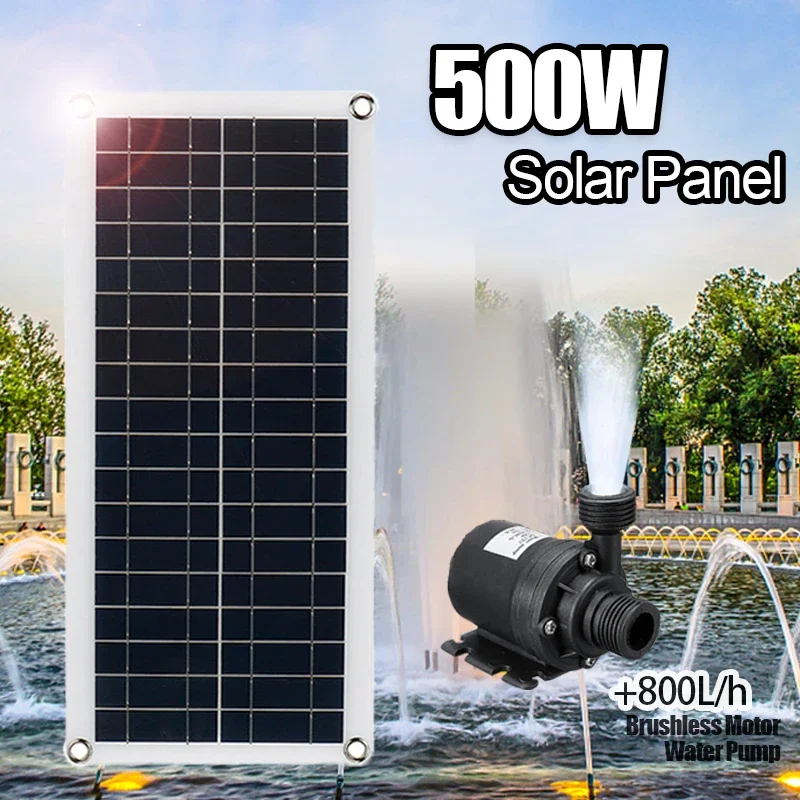 500W 800L/H Solar Panel Power Bank WaterPump Set Ultra-quiet Submersible Water Pump Motory Fish Pond Garden Fountain Decoration