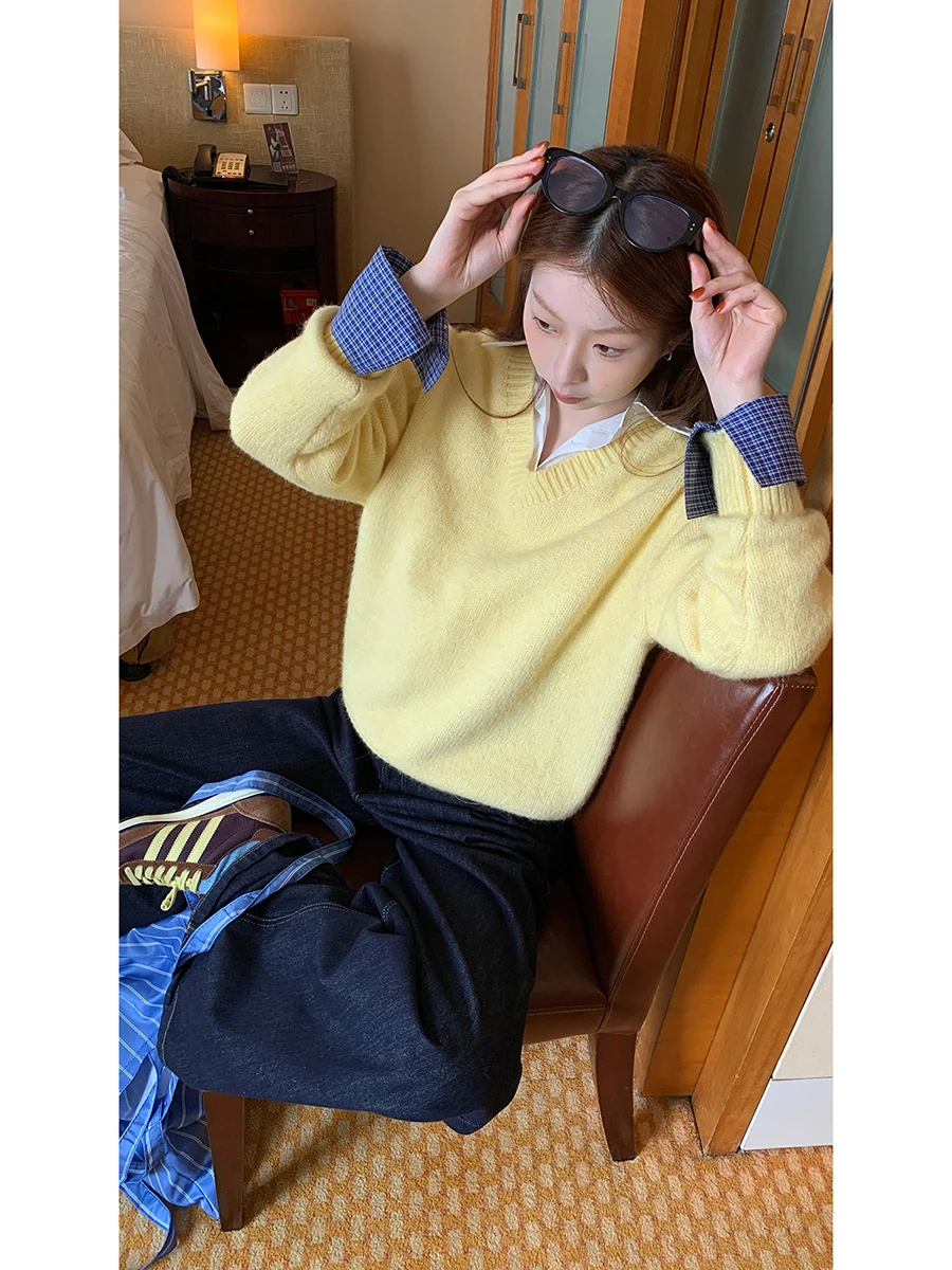 Laid-ba Sle femmes pull tricoté v-ne jaune sirène rétro sensation automne hiver nouveauté coupe confortable tricots