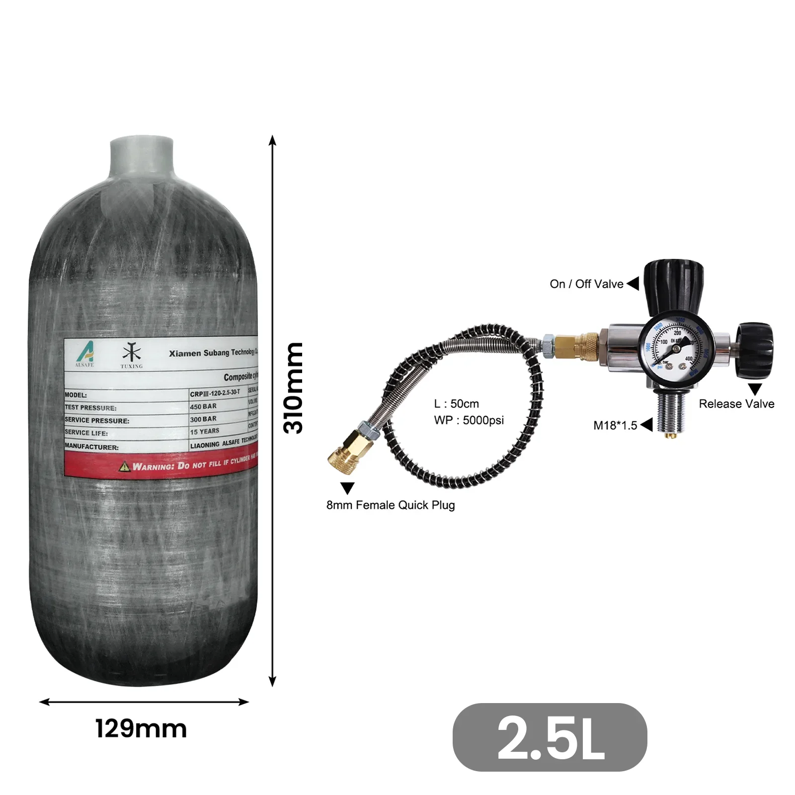 TUXING Cilindro in fibra di carbonio da 2,5 litri con valvola di gonfiaggio con manometro fluorescente 6000Psi Serbatoio ad alta pressione per immersioni subacquee
