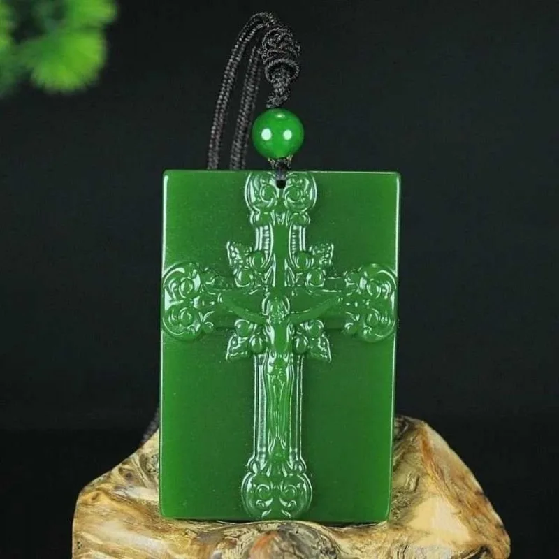 

Natural Green Hand Carved Cross Jade Pendant Fashion Jewelry Men's and Women's Jesus Necklace