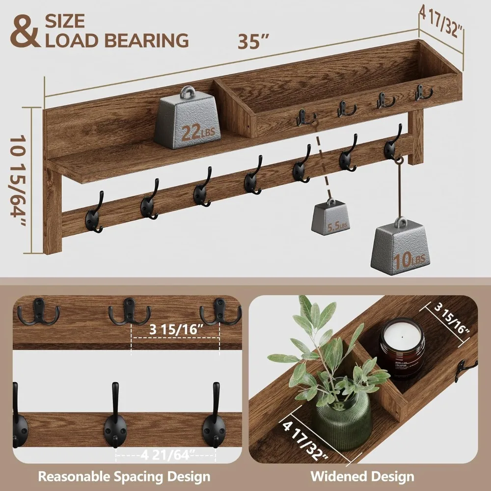 حامل معطف AMBIRD مثبت على الحائط، خطافات حائط كبيرة مقاس 35 بوصة مع رف، رف المدخل مع 7 خطافات معطف مزدوجة و4 خطافات مفاتيح لتنظيم البريد