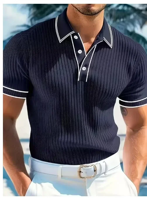 Men's Spring and Autumn Short Sleeve Striped Loose Casual Lapel Top Fashion Business Men's Summer POLO