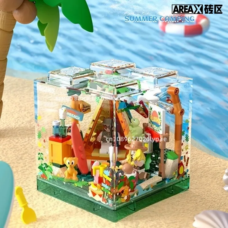 Blocchi di costruzione assemblati per quattro stagioni da campeggio Divertimento campeggio Scatola Kawaii Modello giocattolo Ornamenti per il desktop Regali di festa per bambini