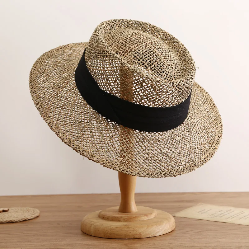 Retro straw hat natural seagrass hand-woven colorful tri-fold with bump top Hepburn style holiday beach summer sun hat for woman