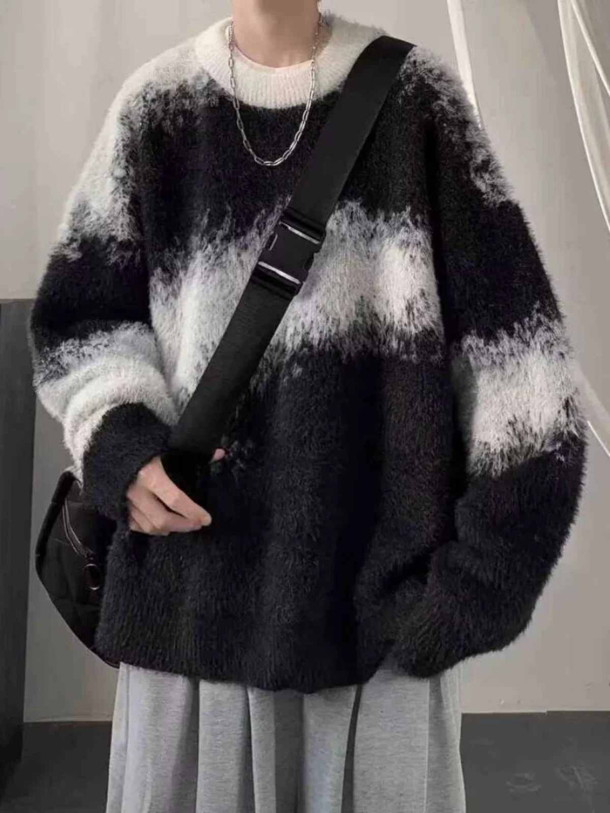 

Свитер оверсайз в американском стиле ретро, мужской осенне-зимний повседневный свободный вязаный носимый свитер в полоску, круглый пуловер, пальто