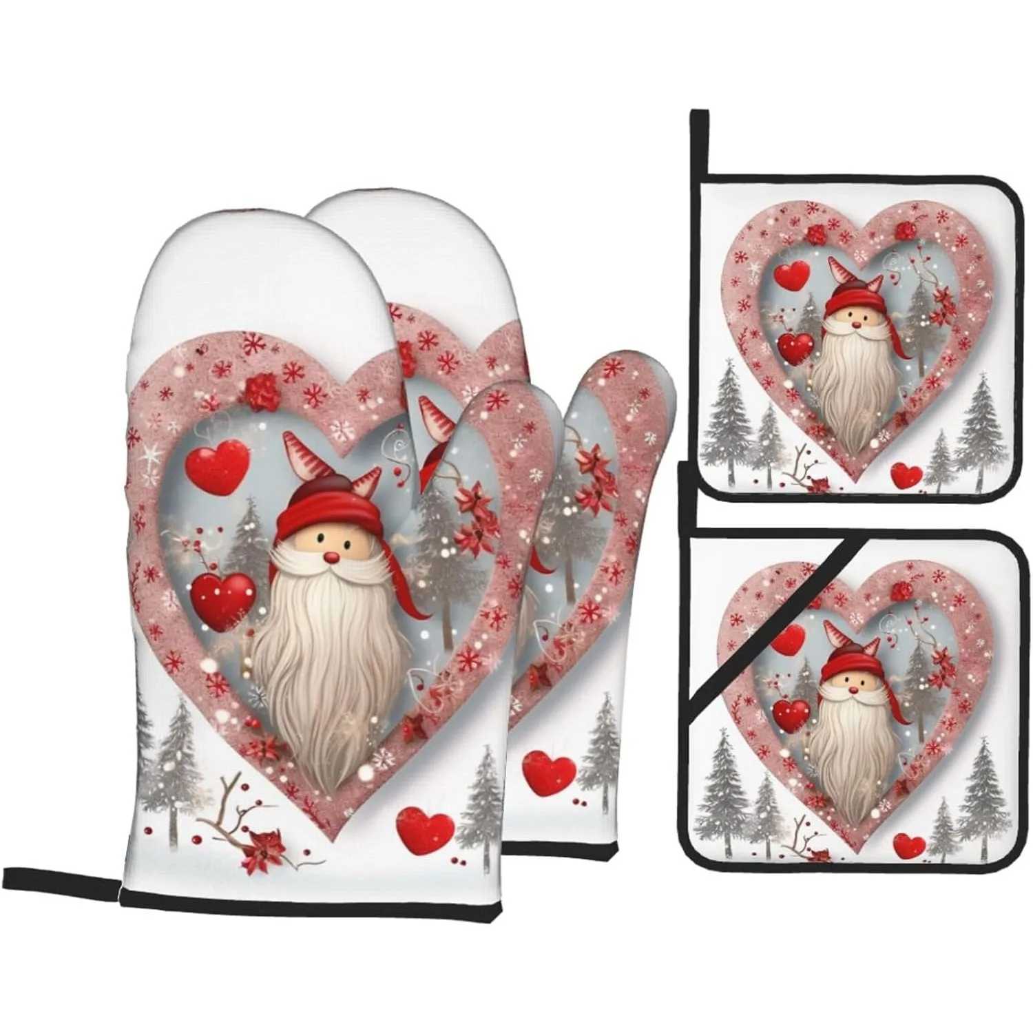 Christmas Heart Print Oven Mitts and Pot Holders Sets of 4 Heat Resistant Oven Mittens Non Slip Kitchen Oven Gloves Hot Pads