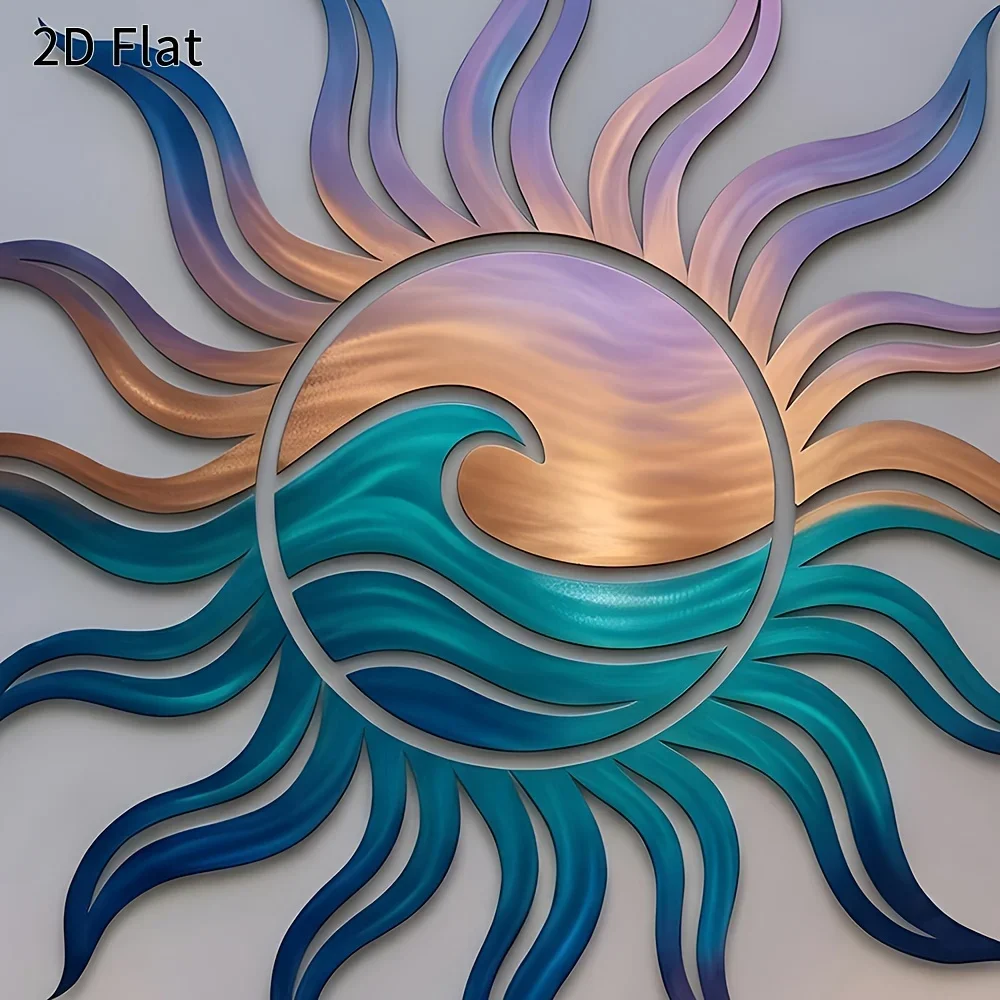 CIFBUY 2D Flat Colorful Sun Ocean Wave Iron Wall Decor, Coastal Nautical Metal Sun Wave Wall Hanging Art