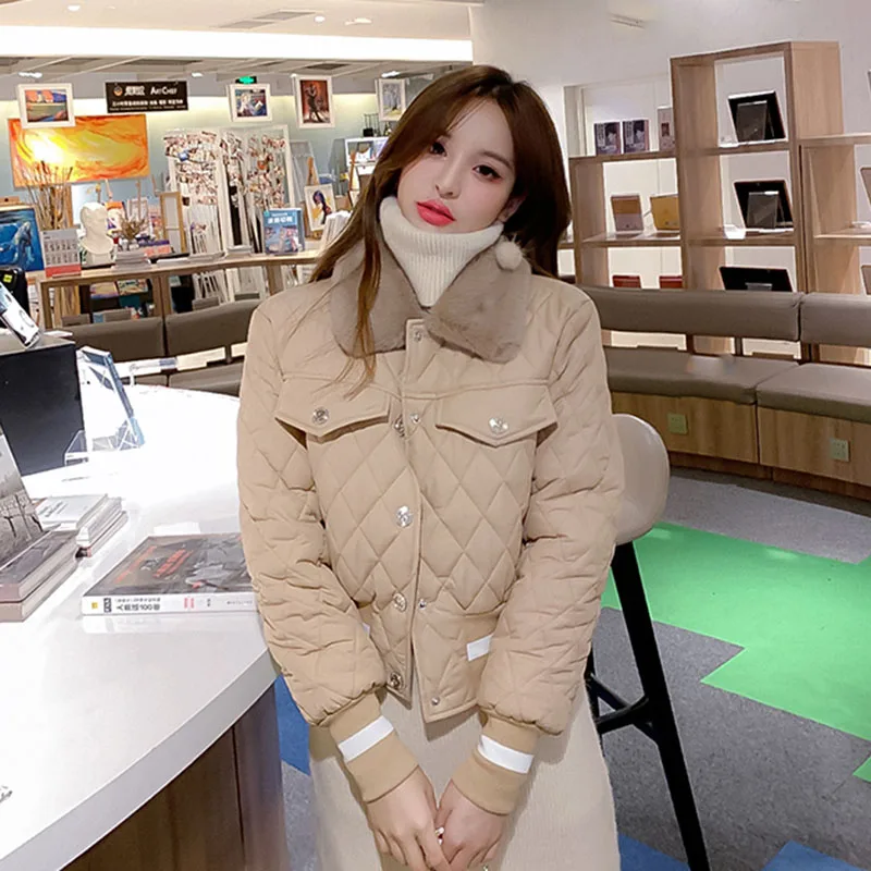 

TPJB Winter All-match Short Parkas Jackets Women Fashion Plush Collar Down Cotton Jacket Female Korean Chic Long Sleeve Parka