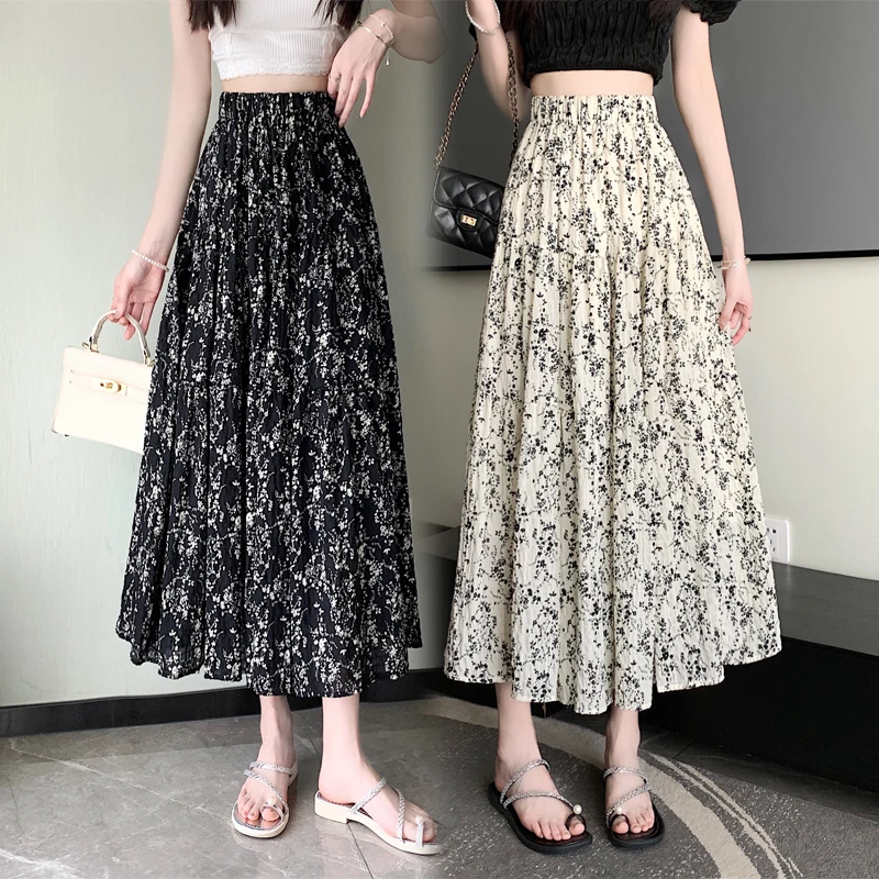 

Women Long Skirt Spring 2024 Office Lady Korea Style Solid Knitted Floral Print Folds High Waist Skirts