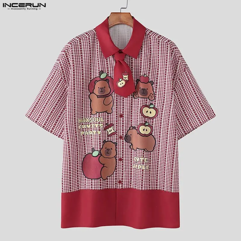 

Мужская рубашка INCERUN, свободная, с коротким рукавом, с отложным воротником, с принтом в клетку и в стиле пэчворк, летняя, в корейском стиле, модная, 2026