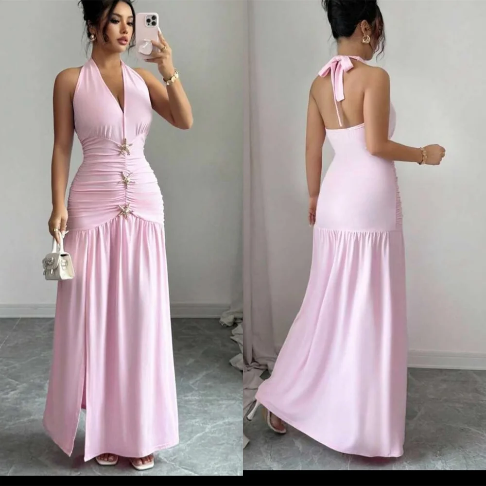 

Customized Fashion pink Jersey Cocktail Dress Classic V-Neck Halter Ruched Buttons Crystal Side Slit Lace Up Back Robe de soir