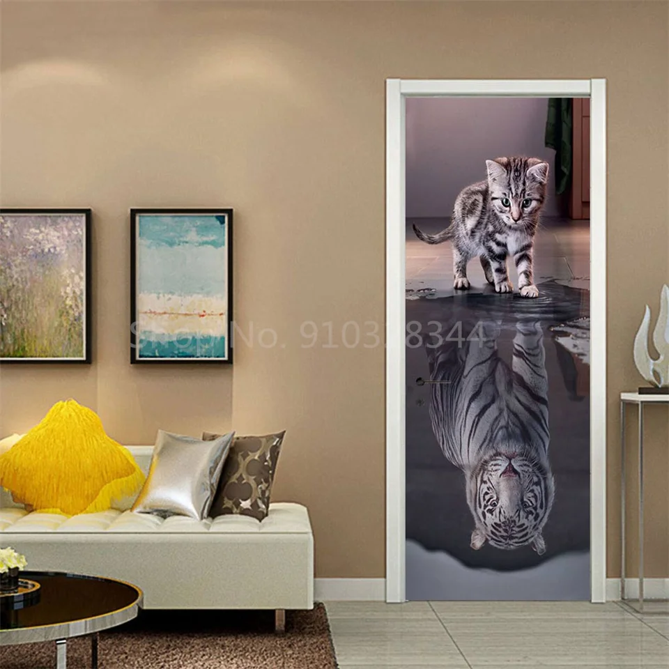 Tier-Türaufkleber Katze Tiger Hirsch Leopard Tapete Benutzerdefinierte Türen Poster Wandtattoo Selbstklebend 3D Heim-Design Dekor Türsticker – Detail 27
