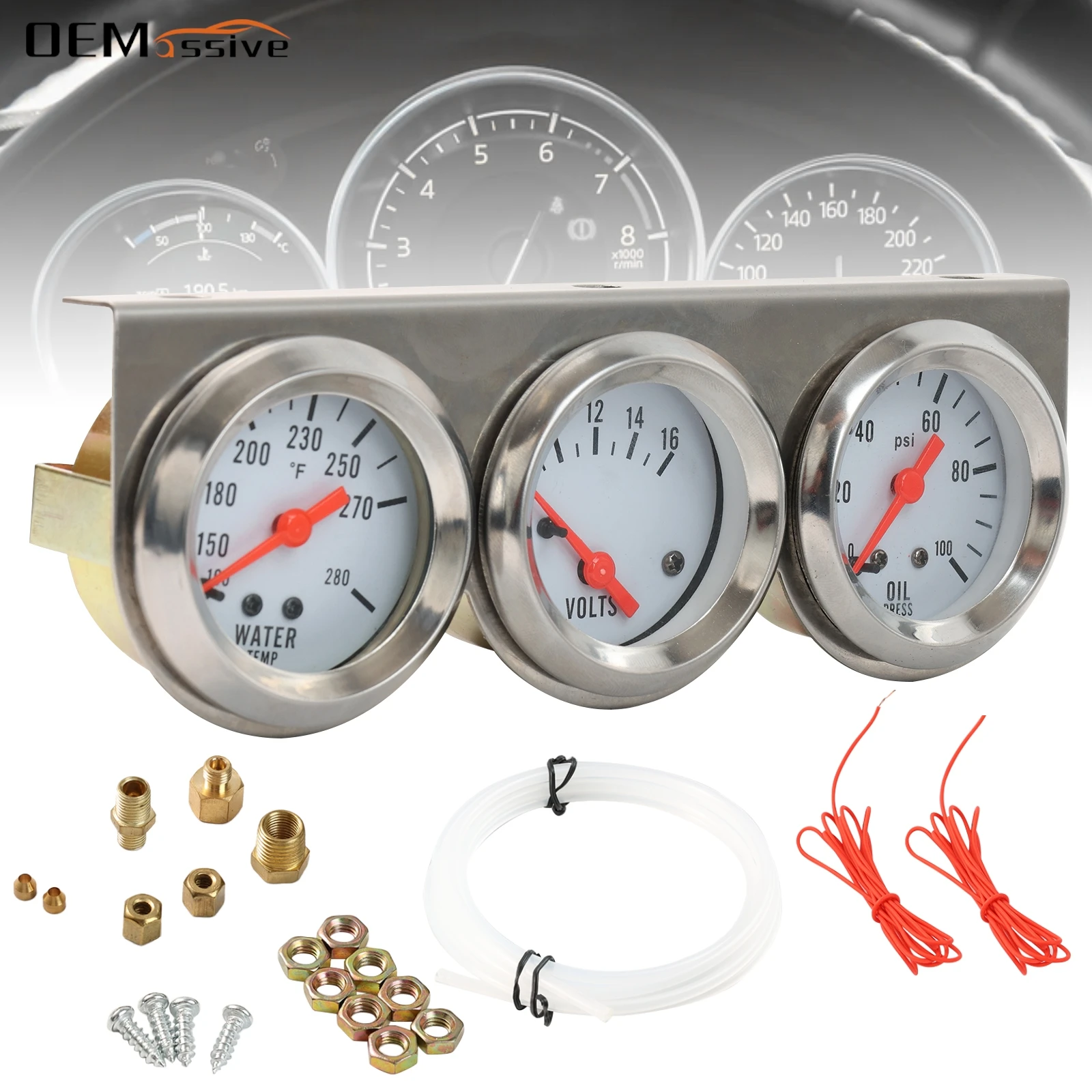 3 in 1 Universal Car Water Temp Temperature Gauge Oil Pressure Gauge Voltmeter Voltage Meter Auto Triple Gauge Kit 52mm/2 Chrome