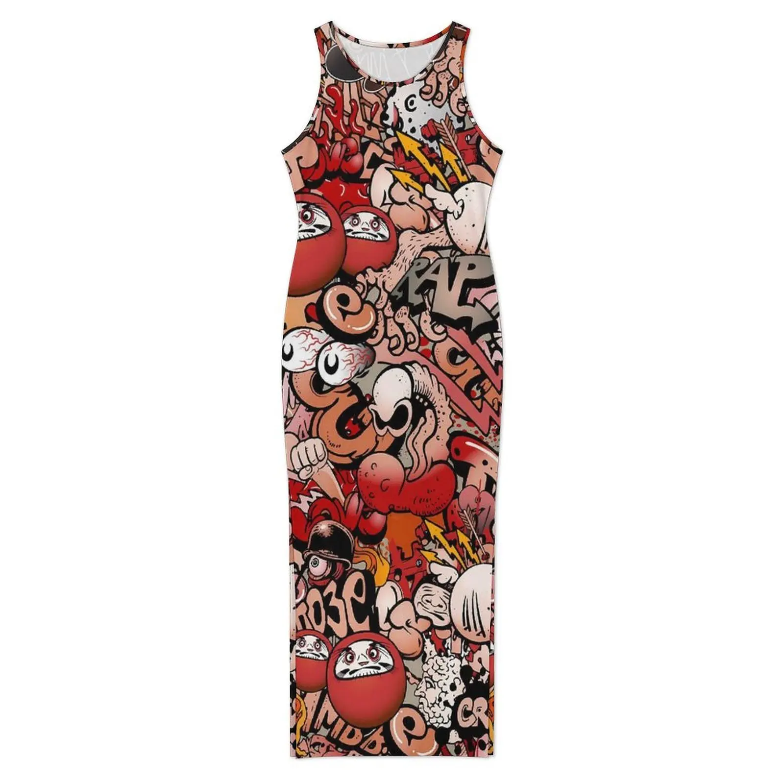 Female Bodycon Dress Slim Sexy Abstract Graffiti Maxi Dresses Summer Skull Print Sleeveless Street Fashion Custom DIY Dress