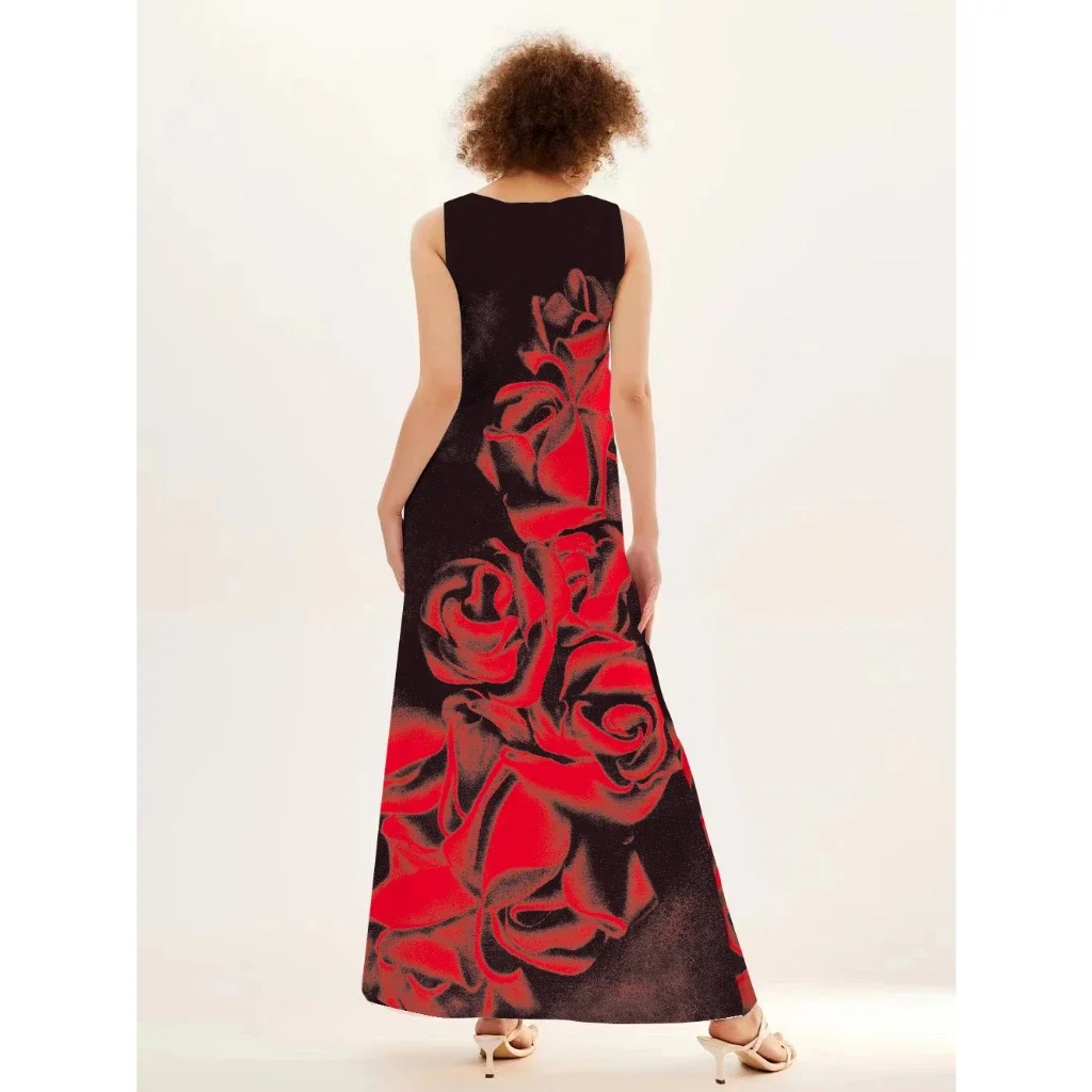 Women Romantic Red Rose Print Long Dresses For Women V-Neck Pocket Long Sleeveless Tank Dress