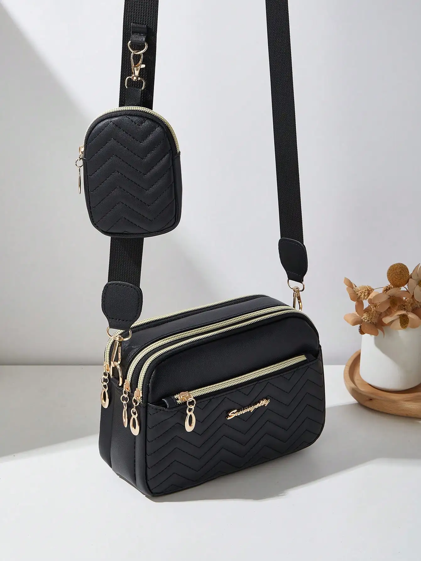 

2pcs Fashion Stitching Crossbody Bag, Multi-Layer Shoulder Bag With Pendant For Women