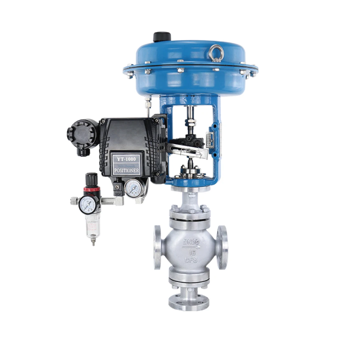 Pneumatically actuated globe proportional flow 3way mixing pneumatic control valve and diverting valve with positioner