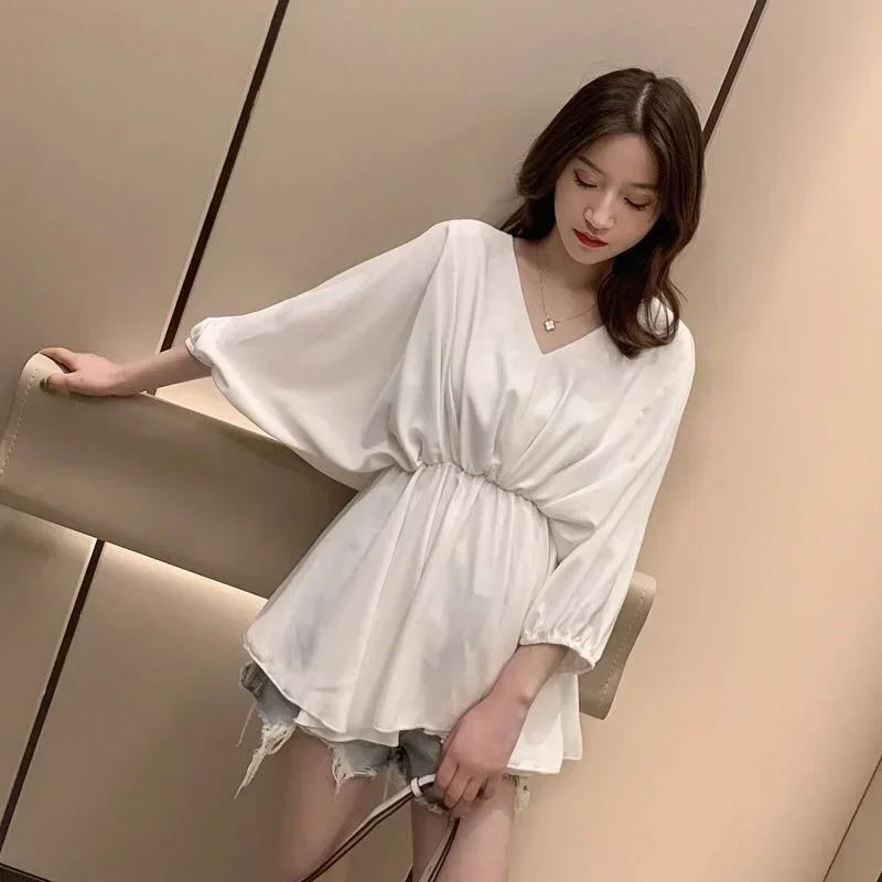 สีเขียวหลวมสีขาวชีฟองสําหรับผู้หญิงสีดําผู้หญิงเสื้อแขนสั้น V คอเสื้อผ้า M เสนอแนวโน้มยอดนิยม JJ524