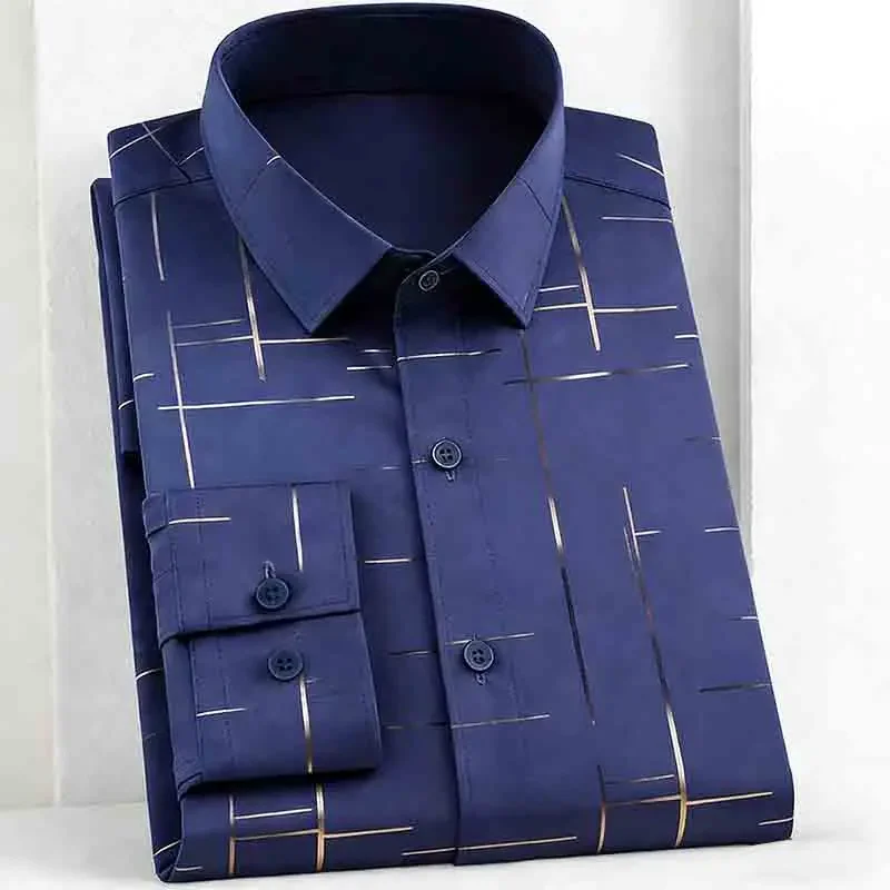 

2025 New Arrival Men's Navy Long Sleeve Shirt with Abstract Line Pattern Breathable Office Wear
