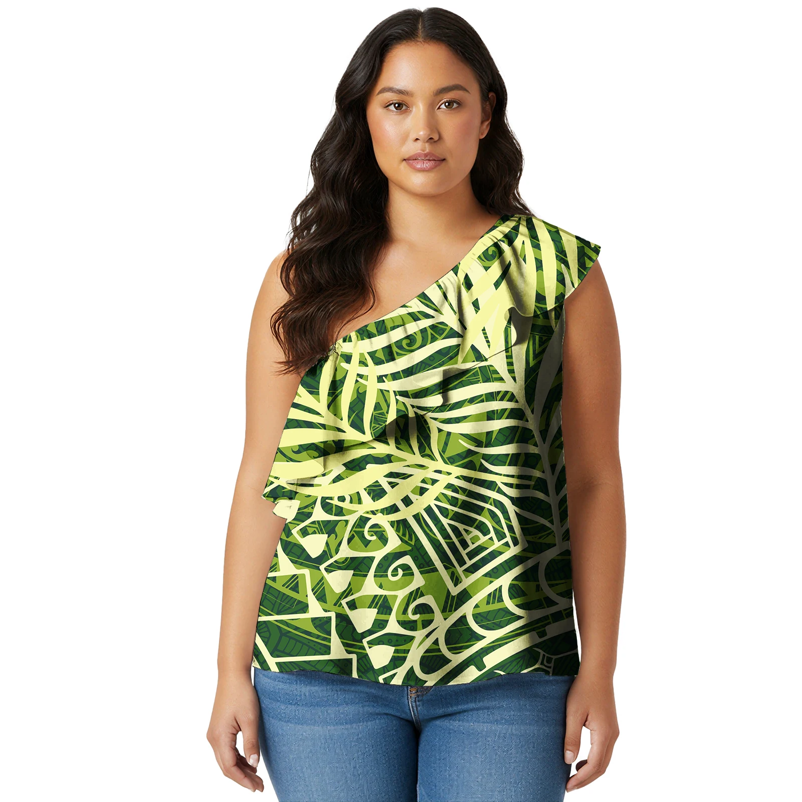 2026 Latest Ruffles Tropical Floral Beach Vacation Aloha Shirts Plus Size Polynesian Hawaii Tribal Design Women T-shirt Tops