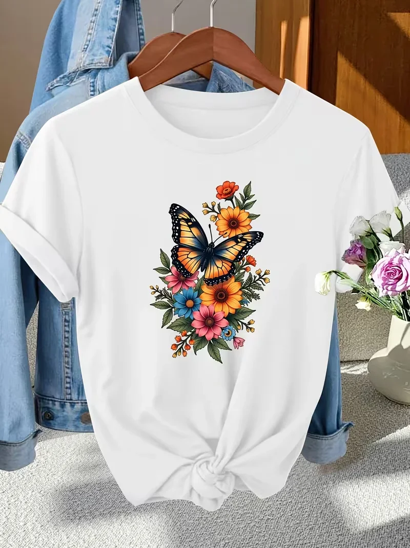 Elegant Monarch Butterfly and Color Floral Print Women Tee Crew Neck Short Sleeve T-Shirt Stylish Casual Daily Women Vintage Tee