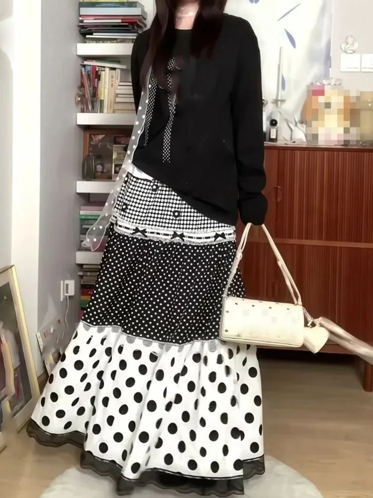 Japońska spódnica w stylu vintage z patchworkiem w kropki, koronką, damska, słodka, z wysokim stanem, rozkloszowana, długa, modna, w stylu Y2k, szykowna, faldas.