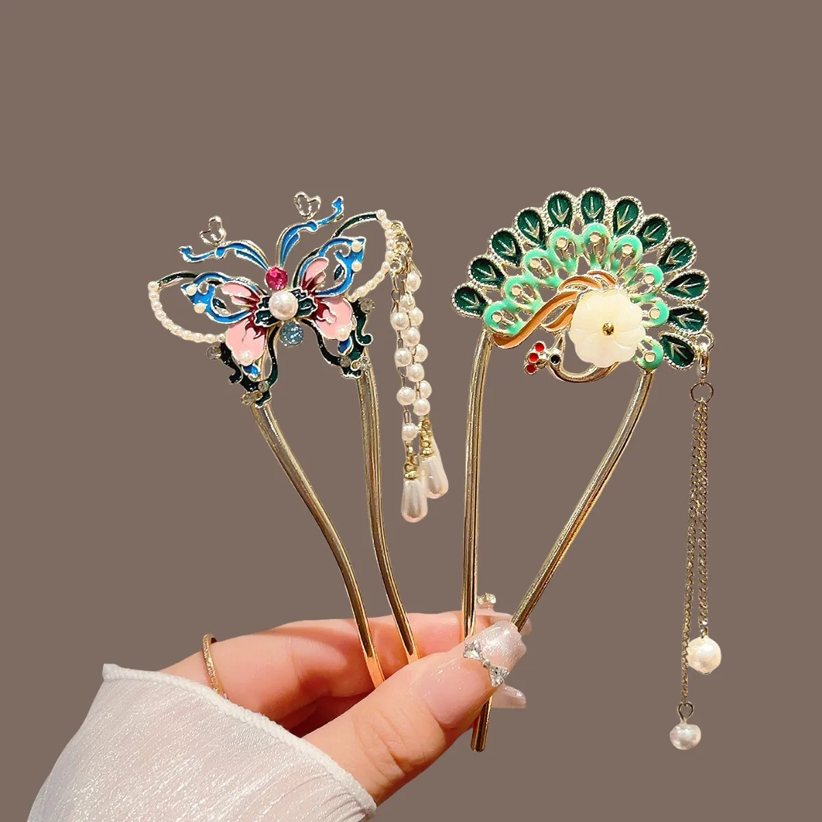 Pearls U Shaped Hair Sticks Fan Shaped Butterfly Tassel Hair Forks Bun Metal Hairpins Elegant Women Jewelry Hair Accessories image 2