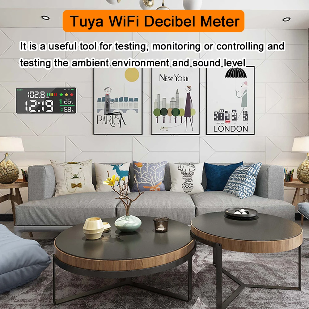 Tuya WiFi Decibel Meter 4in1 Temperature Humidity Decibel Test 11inch LED Intelligent Linkage APP Control Noise Decibel Meter