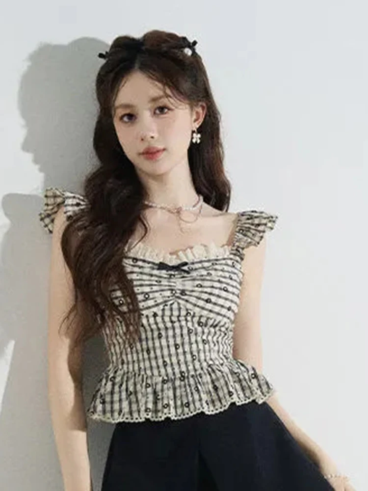 

Sweet Lace Plaid Shirt Women Summer Cute Bow Flying Sleeve Ruffles Blouse French Streetwear Casual All Match Female Tops
