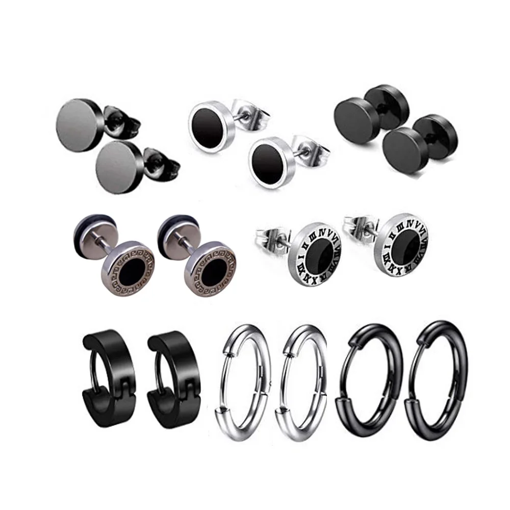 6/8/10/12/15 Pairs Stainless Steel Black Stud Earrings Men's Punk Earring Set Street Hip Hop Earrings Unisex Gift