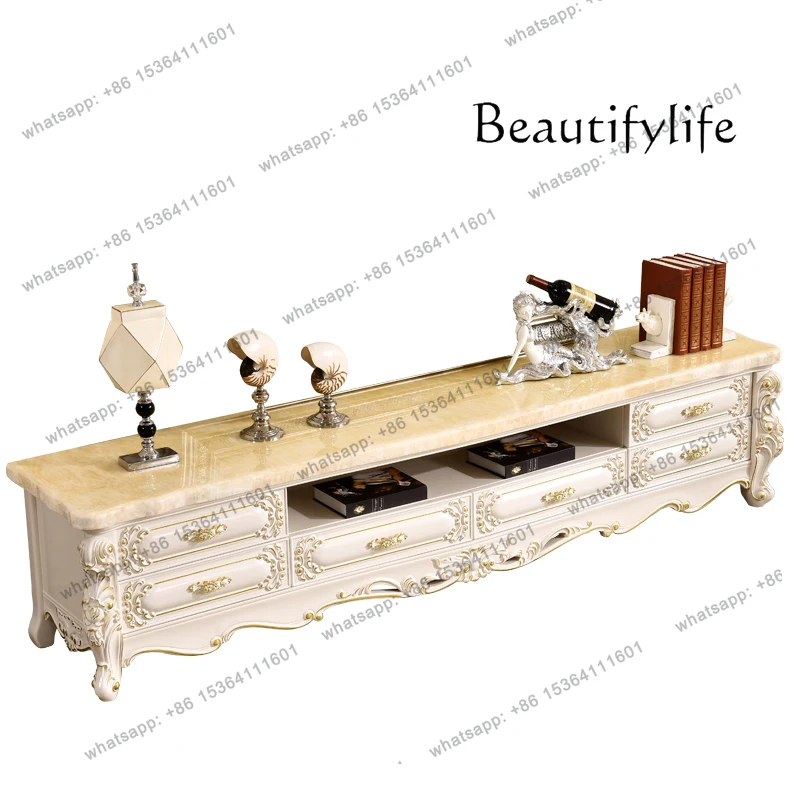 

European TV cabinet natural marble surface American pearl white all solid wood floor cabinet designer
