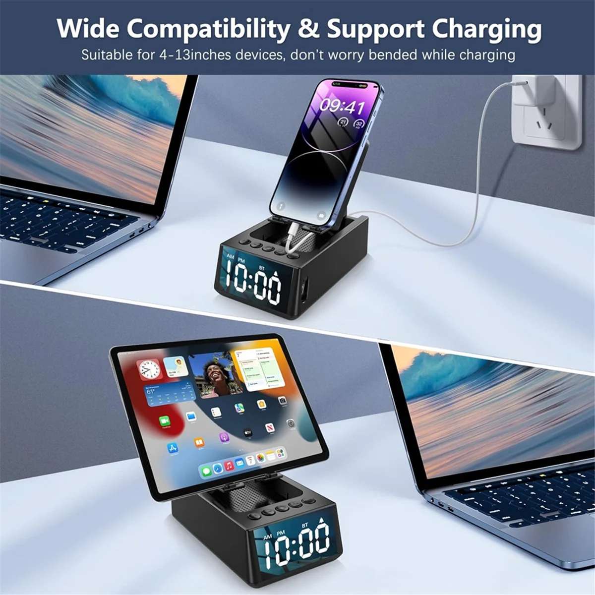 POP-l3-in-1 kabelloser Bluetooth-Lautsprecher mit lautem Wecker, Handy-Ständer, TF-Kartenleser, HD-Surround-Sound