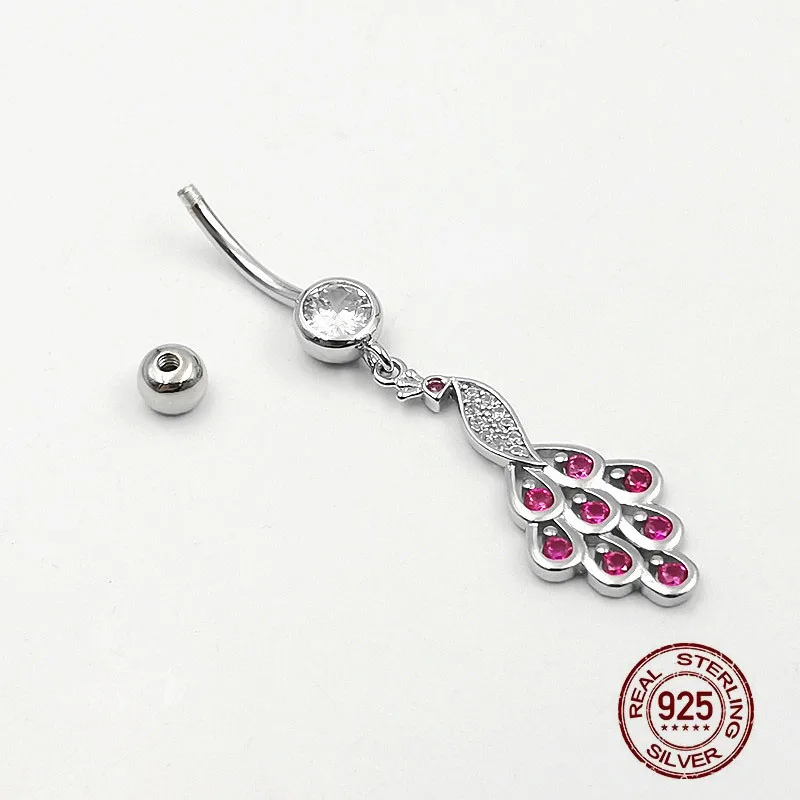 Pink Zircon Peacock Pendant Belly Button Ring 925 Sterling Silver Belly Navel Piercing for Women Sexy Body Piercing Jewelry