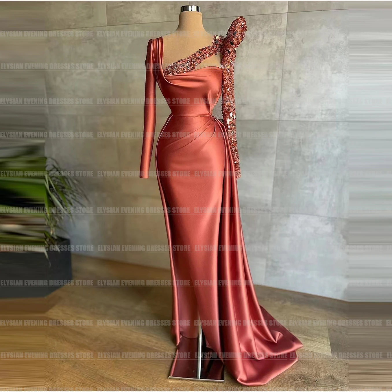 Luxury Square Collar Evening Dresses Simple Mermaid 2024 Glitter Long Sleeve Sexy Smooth Satin Beach Party Prom Gowns Formal