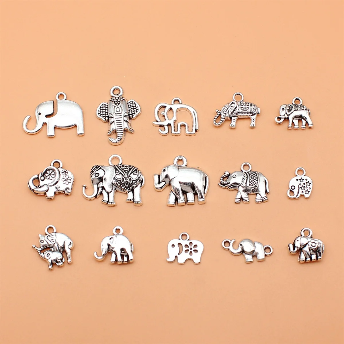 15pcs Antique Silver Color Elephant Charms Collection For DIY Jewelry Making, 15 Styles, 1 of Each