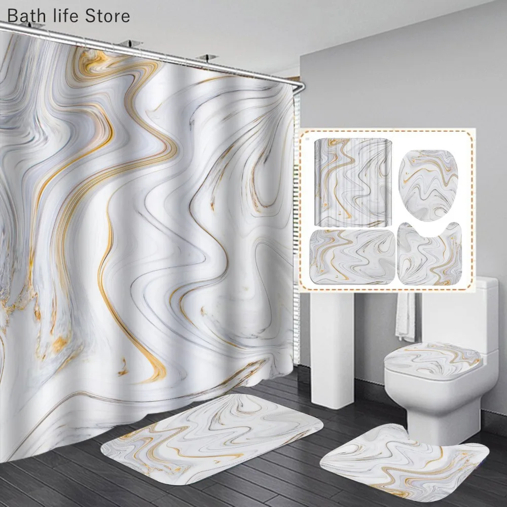 Marble Shower Curtain Sets Modern White Gold Bath Curtains 3D Luxury Toilet Cover Polyester Fabric Bathroom Accessories Sets