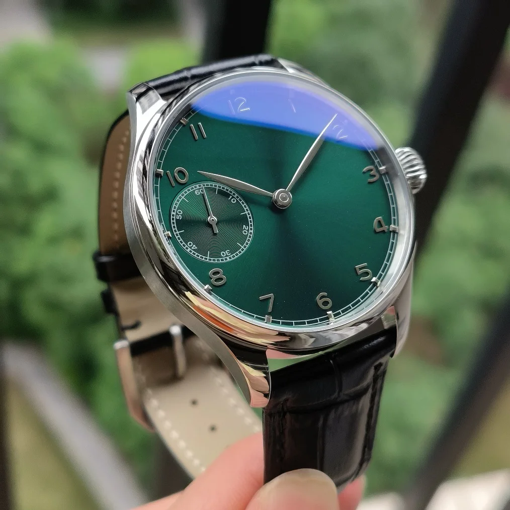 No logo 41mm Mechanical Hand Wind watch green dial Stereo silver number AR coated sapphire crystal Seagull ST3600 movement