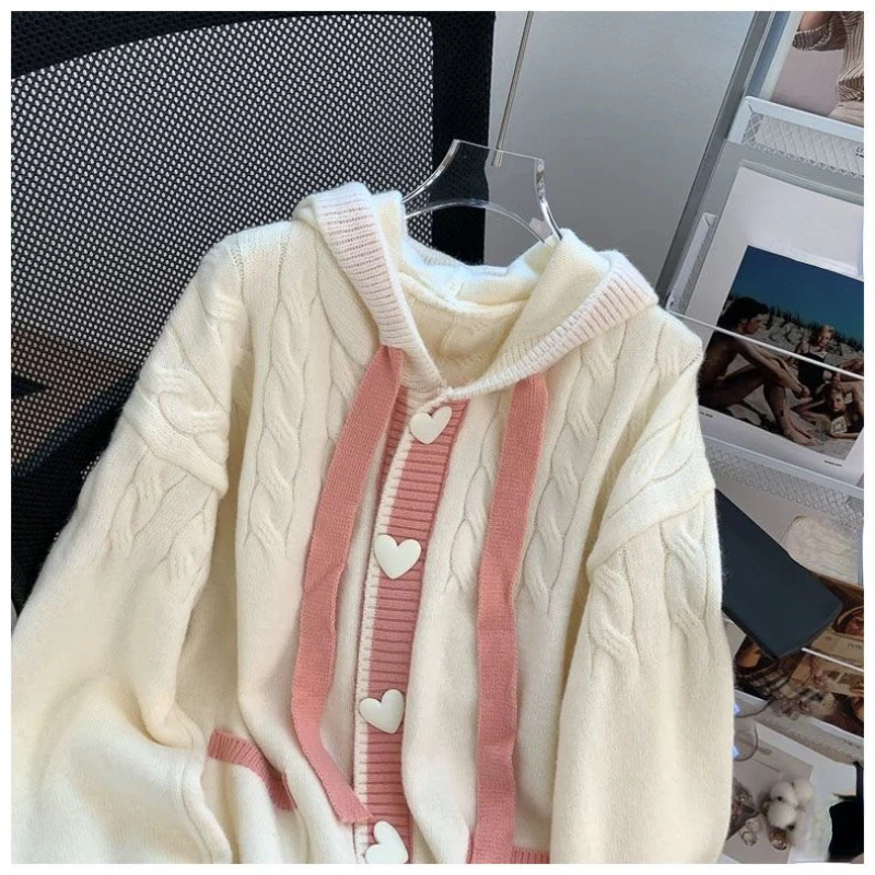 DAYIFUN-Cardigan à Capuche Fileté pour Femme, Pull Beige, Décontracté, Manches sulf, lèvent en Forme de Cœur