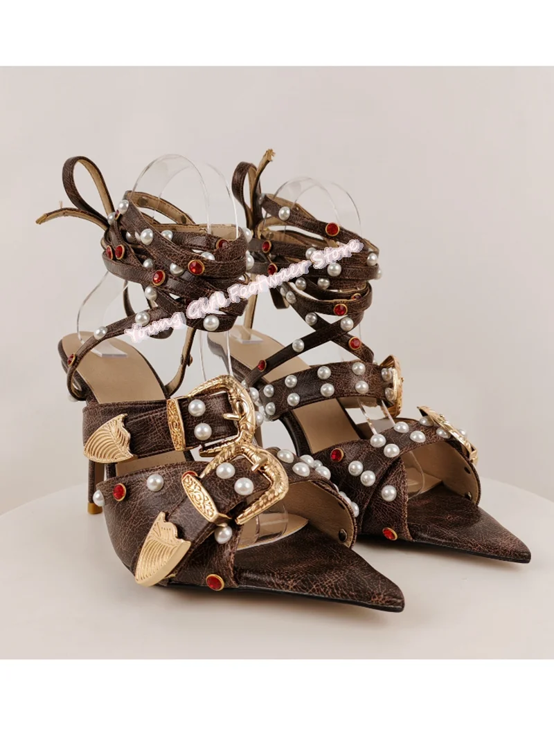 

Женские роскошные туфли на высоком каблуке с острым носком, украшенные жемчугом и рубинами, с металлической пряжкой и ремешком на щиколотке, цвет деним-синий