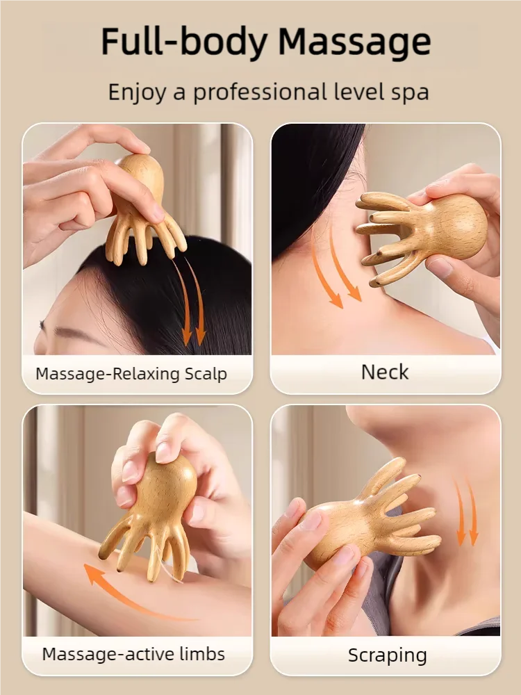 Sandalwood Octopus Massage Comb Head Meridian Scraping Scalp Massage Brush Acupuncture SPA Gua Sha Massage Comb Fatigue Relief view 5