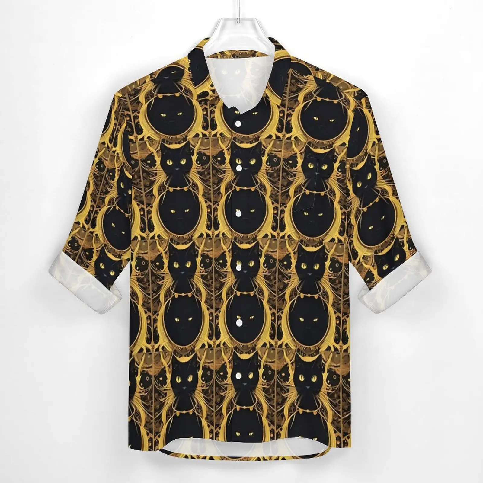 Tarot Card Print Casual Shirts Men Retro Black Cat Shirt Long Sleeve Vintage Y2K Blouses Spring Custom Clothes 3XL 4XL